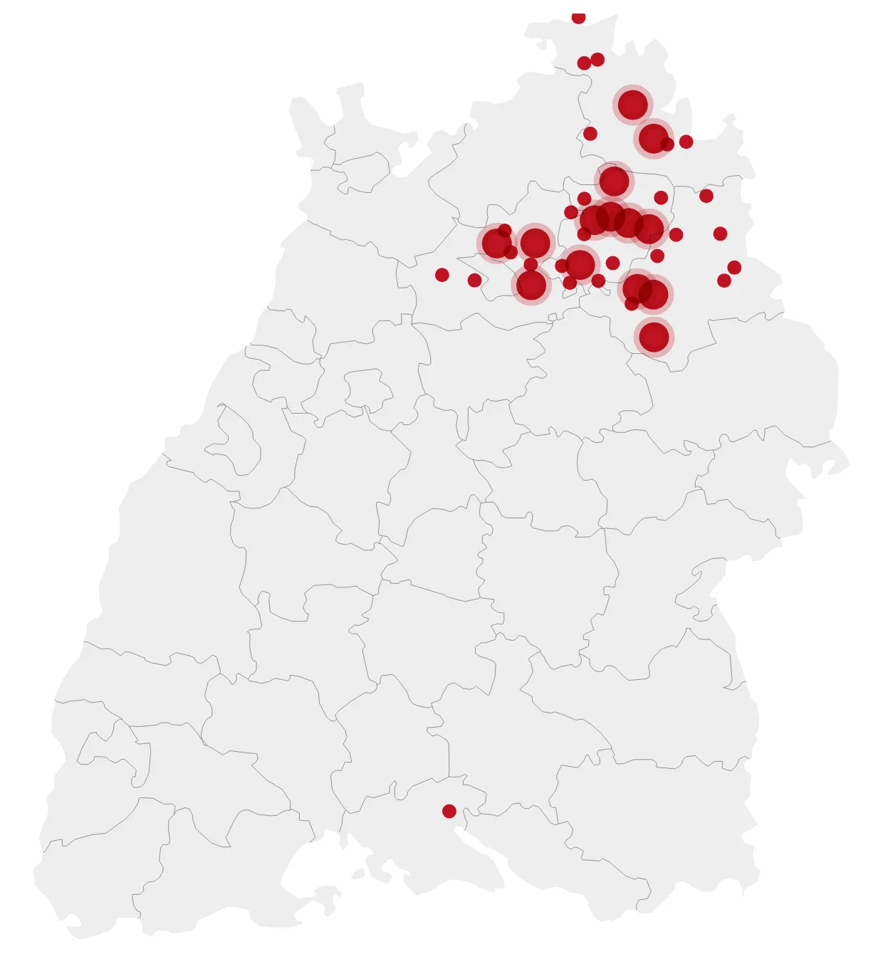 Karte von Baden-Württemberg mit den Standorten der über 100 Schulen, die Invictus IT-Systems betreut